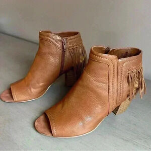 Nine West Women Sandal Boot SZ 6.5 Brown Open Toe Ankle Bootie Fringe Boho Shoe
